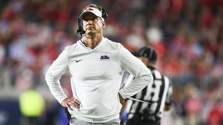 Nov 15, 2025; Oxford, Mississippi, USA; Mississippi Rebels head coach Lane Kiffin stands on the sideline during the first quarter against the Florida Gators at Vaught-Hemingway Stadium. Mandatory Credit: Petre Thomas-Imagn Images
