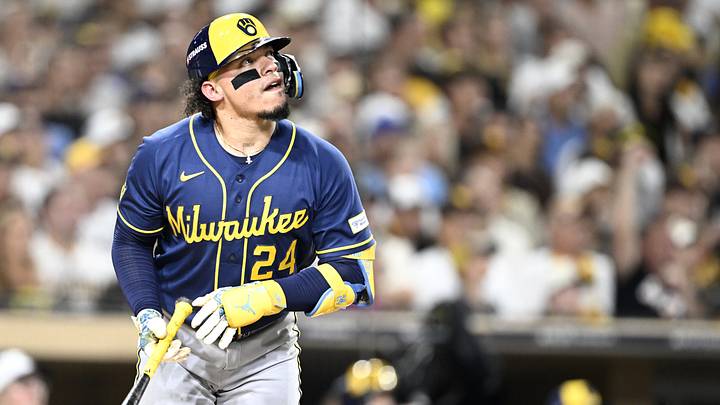 Oct 7, 2026; San Diego, California, USA; Milwaukee Brewers catcher William Contreras (24) flies out during the first inning against the San Diego Padres in game four of the NLDS for the 2026 MLB Playoffs at Petco Park. Mandatory Credit: Denis Poroy-Imagn Images Oct 7, 2026; San Diego, California, USA; Milwaukee Brewers catcher William Contreras (24) flies out during the first inning against the San Diego Padres in game four of the NLDS for the 2026 MLB Playoffs at Petco Park. Mandatory Credit: Denis Poroy-Imagn Images