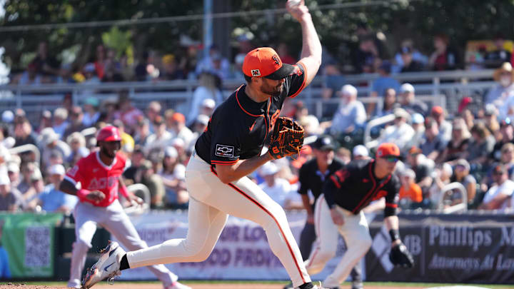 Mar 2, 2025; Scottsdale, Arizona, USA; San Francisco Giants pitcher Robbie Ray (38) pitches against the Los Angeles Angels during the first inning at Scottsdale Stadium. Mar 2, 2025; Scottsdale, Arizona, USA; San Francisco Giants pitcher Robbie Ray (38) pitches against the Los Angeles Angels during the first inning at Scottsdale Stadium.