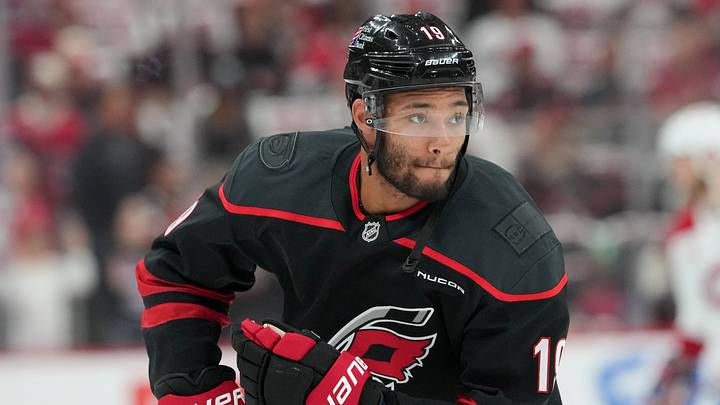 May 21, 2026; Raleigh, North Carolina, USA; Carolina Hurricanes defenseman K'andre Miller (19) looks on during warmups before game one of the Eastern Conferene Final against the Montreal Canadiens of the 2026 Stanley Cup Playoffs at Lenovo Center. Mandatory Credit: James Guillory-Imagn Images