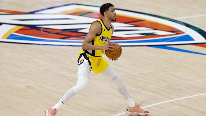 Jun 5, 2025; Oklahoma City, Oklahoma, USA; Indiana Pacers guard Tyrese Haliburton (0) shoots the ball against the Oklahoma City Thunder during the second quarter during game one of the 2025 NBA Finals at Paycom Center. Mandatory Credit: Alonzo Adams-Imagn Images Jun 5, 2025; Oklahoma City, Oklahoma, USA; Indiana Pacers guard Tyrese Haliburton (0) shoots the ball against the Oklahoma City Thunder during the second quarter during game one of the 2025 NBA Finals at Paycom Center. Mandatory Credit: Alonzo Adams-Imagn Images