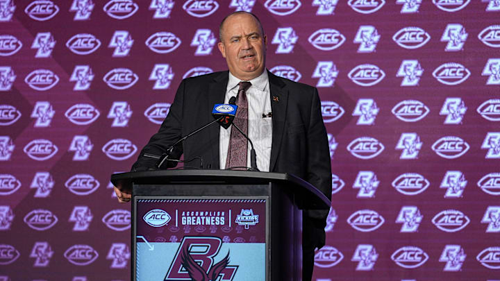 Jul 24, 2024; Charlotte, NC, USA; Boston College Eagles head coach Bill O'Brien speaks to the media during the ACC Kickoff at Hilton Charlotte Uptown. Mandatory Credit: Jim Dedmon-Imagn Images