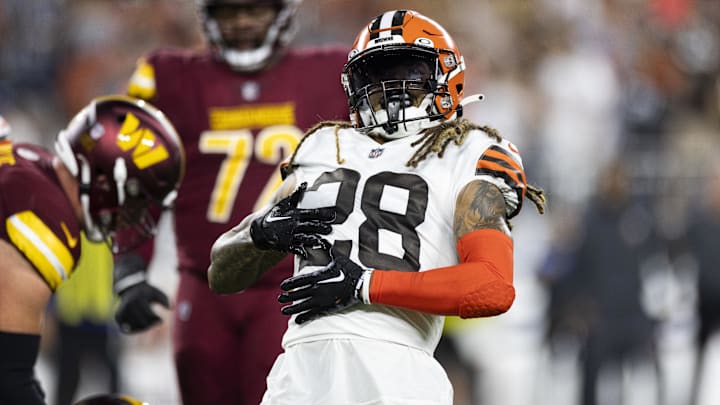 Aug 11, 2023; Cleveland, Ohio, USA; Cleveland Browns cornerback Mike Ford (28) celebrates his sack