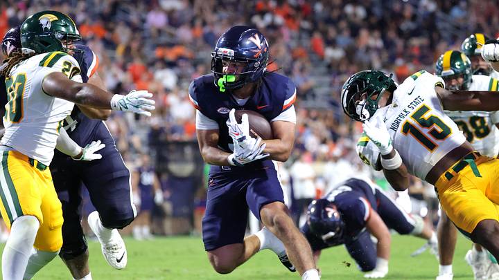 Sep 11, 2026; Charlottesville, Virginia, USA; Virginia Cavaliers running back Noah Vaughn (3) rushes during the fourth quarter against the Norfolk State Spartans at Scott Stadium. Mandatory Credit: Amber Searls-Imagn Images Sep 11, 2026; Charlottesville, Virginia, USA; Virginia Cavaliers running back Noah Vaughn (3) rushes during the fourth quarter against the Norfolk State Spartans at Scott Stadium. Mandatory Credit: Amber Searls-Imagn Images
