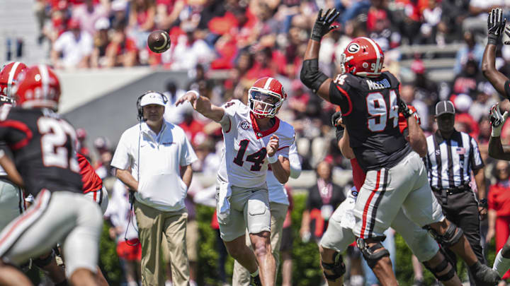 Apr 12, 2025; Athens, GA, USA; Georgia Bulldogs quarterback Gunner Stockton (14) passes during the Georgia Spring game at Sanford Stadium. Mandatory Credit: Dale Zanine-Imagn Images