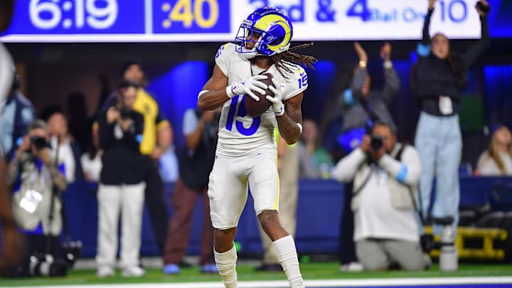 Oct 24, 2024; Inglewood, California, USA; Los Angeles Rams wide receiver Demarcus Robinson (15) scores a touchdown against the Minnesota Vikings during the second half at SoFi Stadium. Mandatory Credit: Gary A. Vasquez-Imagn Images Oct 24, 2024; Inglewood, California, USA; Los Angeles Rams wide receiver Demarcus Robinson (15) scores a touchdown against the Minnesota Vikings during the second half at SoFi Stadium. Mandatory Credit: Gary A. Vasquez-Imagn Images