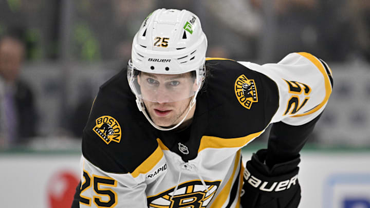 Nov 14, 2024; Dallas, Texas, USA; Boston Bruins defenseman Brandon Carlo (25) in action during the game between the Dallas Stars and the Boston Bruins at the American Airlines Center. Mandatory Credit: Jerome Miron-Imagn Images