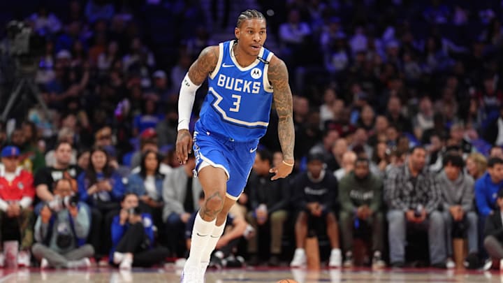 Apr 3, 2025; Philadelphia, Pennsylvania, USA; Milwaukee Bucks guard Kevin Porter Jr (3) controls the ball against the Philadelphia 76ers in the second quarter at Wells Fargo Center. Mandatory Credit: Kyle Ross-Imagn Images