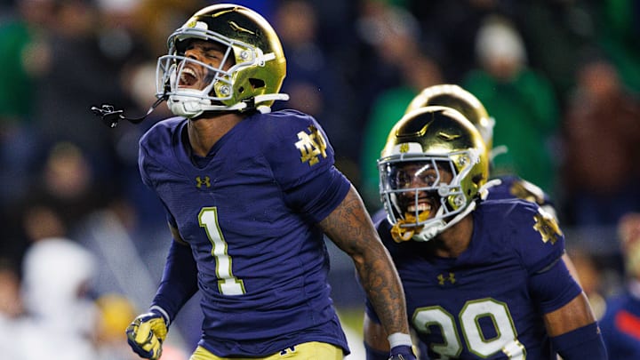 Notre Dame safety Jordan Clark (1) celebrates his interception during a NCAA college football game against Florida State at Notre Dame Stadium on Saturday, Nov. 9, 2024, in South Bend.