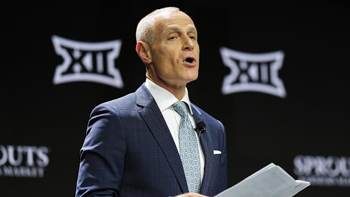 Oct 22, 2024; Kansas City, MO, USA; Big 12 Commissioner Brett Yormark speaks to media during Big 12 Women’s Basketball Media Day at T-Mobile Center. Mandatory Credit: Jay Biggerstaff-Imagn Images