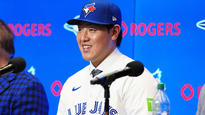 Jan 6, 2026; Toronto, Ontario, Canada; Toronto Blue Jays Kazuma Okamoto speaks to the media during the press conference at Rogers Centre. 