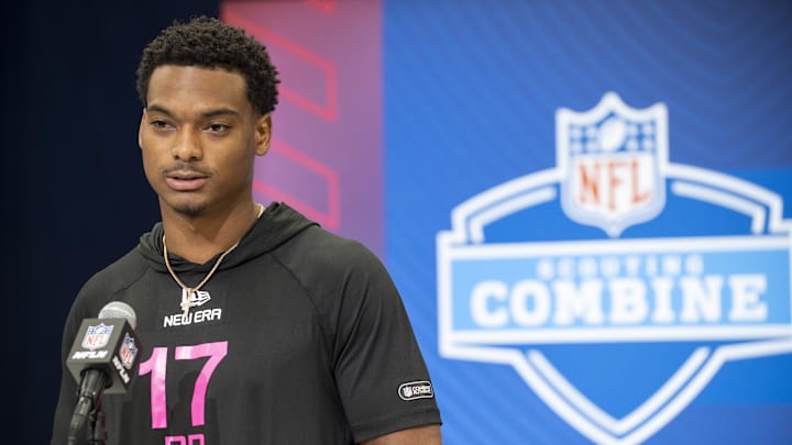 Feb 27, 2025; Indianapolis, IN, USA; Michigan defensive back Will Johnson (DB17) during the 2025 NFL Combine at Lucas Oil Stadium. Mandatory Credit: Tanner Pearson-Imagn Images