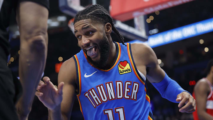 Oct 30, 2025; Oklahoma City, Oklahoma, USA; Oklahoma City Thunder guard Isaiah Joe (11) reacts after a play against the Washington Wizards during the second half at Paycom Center. Mandatory Credit: Alonzo Adams-Imagn Images Oct 30, 2025; Oklahoma City, Oklahoma, USA; Oklahoma City Thunder guard Isaiah Joe (11) reacts after a play against the Washington Wizards during the second half at Paycom Center. Mandatory Credit: Alonzo Adams-Imagn Images