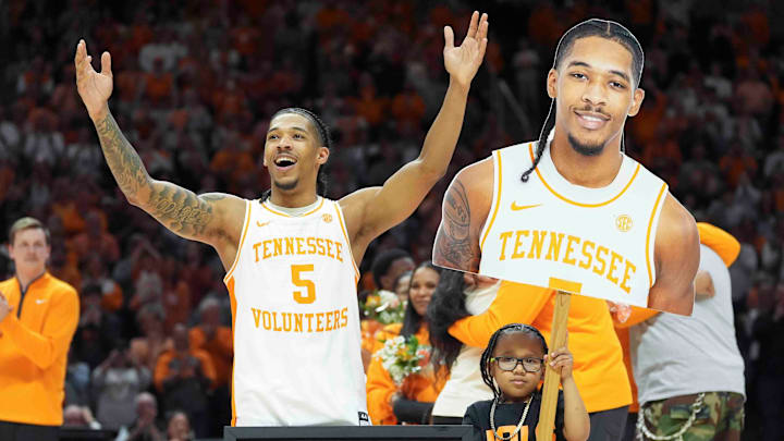 Tennessee's Zakai Zeigler (5) during Senior Day presentations after a men’s college basketball game between Tennessee and South Carolina at Thompson-Boling Arena at Food City Center, Saturday, March 8, 2025.