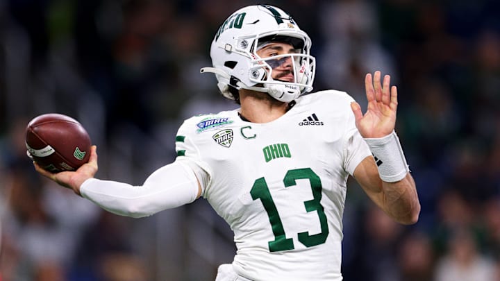 Parker Navarro #13 of the Ohio Bobcats throws a pass during the first quarter of the MAC Championship game against the Miami of Ohio Redhawks at Ford Field on December 07, 2024 in Detroit, Michigan.