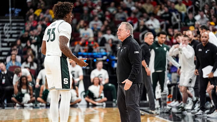 Michigan State head coach Tom Izzo talks to forward Coen Carr (55) after a play against UCLA during the first half of Big Ten tournament quarterfinal at United Center in Chicago on Friday, March 13, 2026. Michigan State head coach Tom Izzo talks to forward Coen Carr (55) after a play against UCLA during the first half of Big Ten tournament quarterfinal at United Center in Chicago on Friday, March 13, 2026.