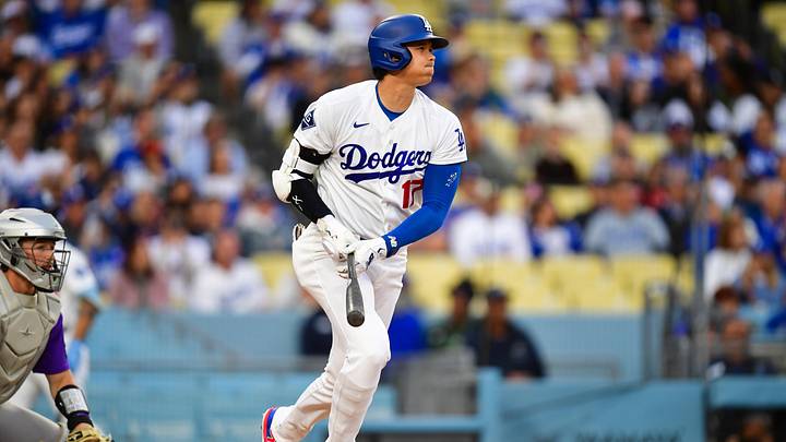 May 26, 2026; Los Angeles, California, USA;  Los Angeles Dodgers two-way player Shohei Ohtani (17) grounds out during the first inning against the Colorado Rockies at Dodger Stadium. Mandatory Credit: Gary A. Vasquez-Imagn Images