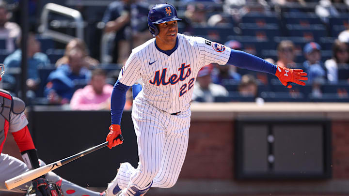 Apr 20, 2025; New York City, New York, USA; New York Mets right fielder Juan Soto (22) singles during the fifth inning against the St. Louis Cardinals at Citi Field. Mandatory Credit: Vincent Carchietta-Imagn Images Apr 20, 2025; New York City, New York, USA; New York Mets right fielder Juan Soto (22) singles during the fifth inning against the St. Louis Cardinals at Citi Field. Mandatory Credit: Vincent Carchietta-Imagn Images