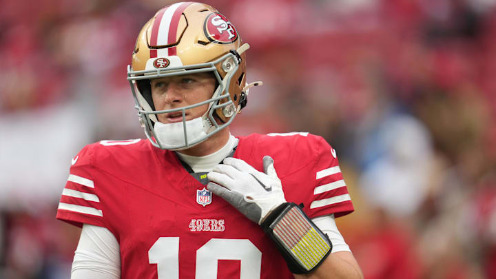 Dec 14, 2025; Santa Clara, California, USA;  San Francisco 49ers quarterback Mac Jones (10) warms up prior to the first half against the Tennessee Titans at Levi's Stadium. Mandatory Credit: Cary Edmondson-Imagn Images