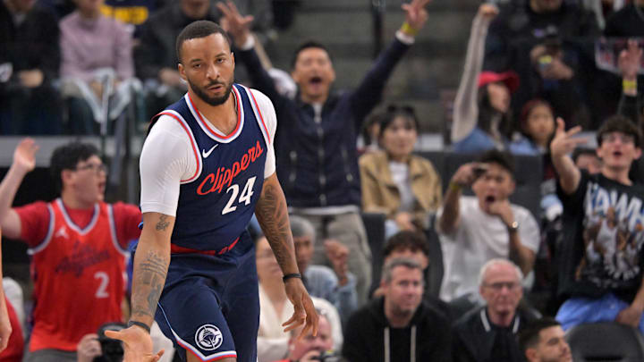 Apr 26, 2025; Inglewood, California, USA; Los Angeles Clippers guard Norman Powell (24) heads down court after a 3-point basket in the first half of game four of round one of the 2024 NBA Playoffs against the Denver Nuggets at Intuit Dome. Mandatory Credit: Jayne Kamin-Oncea-Imagn Images