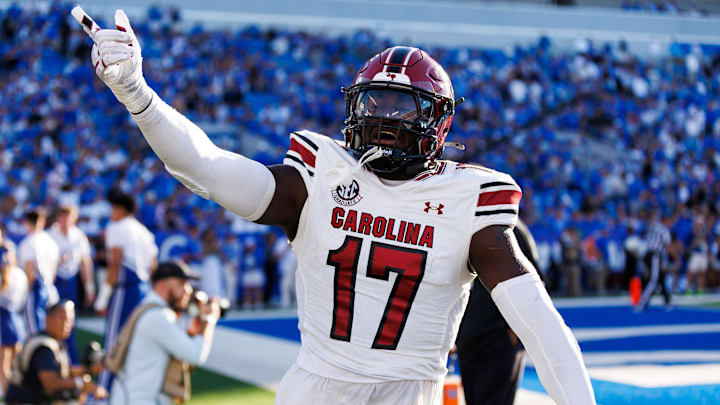 Sep 7, 2024; Lexington, Kentucky, USA; South Carolina Gamecocks linebacker Demetrius Knight Jr. (17) celebrates after a touchdown during the fourth quarter against the Kentucky Wildcats at Kroger Field. Mandatory Credit: Jordan Prather-Imagn Images Sep 7, 2024; Lexington, Kentucky, USA; South Carolina Gamecocks linebacker Demetrius Knight Jr. (17) celebrates after a touchdown during the fourth quarter against the Kentucky Wildcats at Kroger Field. Mandatory Credit: Jordan Prather-Imagn Images