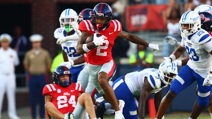 Aug 30, 2025; Oxford, Mississippi, USA; Mississippi Rebels wide receiver Harrison Wallace III (2) runs after a catch during the first quarter against the Georgia State Panthers at Vaught-Hemingway Stadium. Mandatory Credit: Petre Thomas-Imagn Images