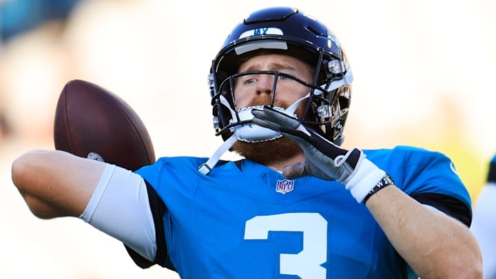 Jacksonville Jaguars quarterback C.J. Beathard (3) warms up before a preseason NFL football game Saturday, Aug. 17, 2024 at EverBank Stadium in Jacksonville, Fla.