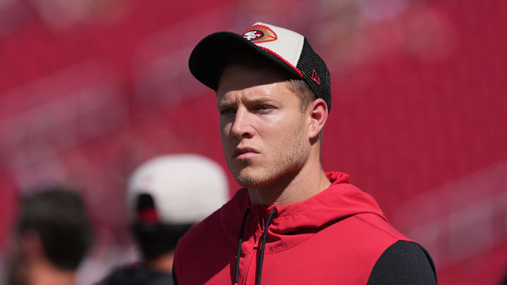 Oct 6, 2024; Santa Clara, California, USA; San Francisco 49ers running back Christian McCaffrey (23) walks on the field before the game against the Arizona Cardinals at Levi's Stadium. Mandatory Credit: Darren Yamashita-Imagn Images