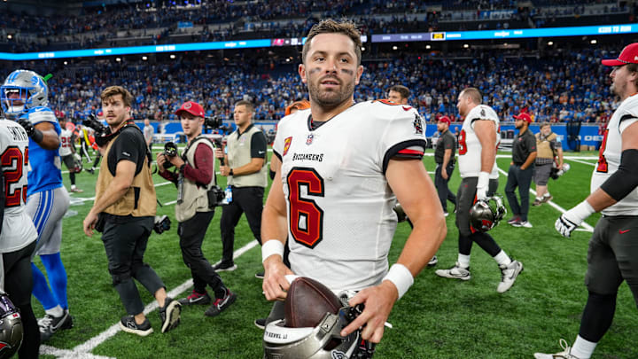 Tampa Bay Buccaneers quarterback Baker Mayfield (6) at the end of the Detroit Lions game against the Tampa Bay Buccaneers at Ford Field in Detroit on Sunday, Sept. 15, 2024. Buccaneers won 20-16.