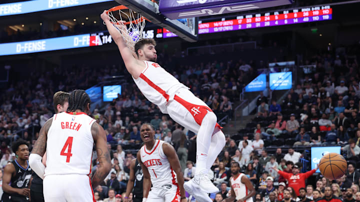 Mar 27, 2025; Salt Lake City, Utah, USA; Houston Rockets center Alperen Sengun (28) dunks against the Utah Jazz during the second half at Delta Center. Mandatory Credit: Rob Gray-Imagn Images