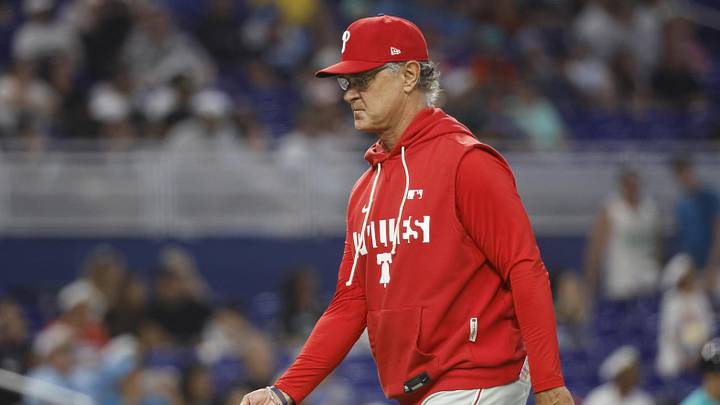 May 3, 2026; Miami, Florida, USA;  Philadelphia Phillies interim manager Don Mattingly (8) walks back to the dugout after a pitching change against the Miami Marlins during the seventh inning at loanDepot Park. 