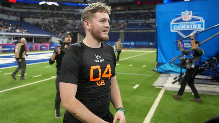 Mar 1, 2025; Indianapolis, IN, USA; Texas quarterback Quinn Ewers (QB04) during the 2025 NFL Combine at Lucas Oil Stadium. Mandatory Credit: Kirby Lee-Imagn Images