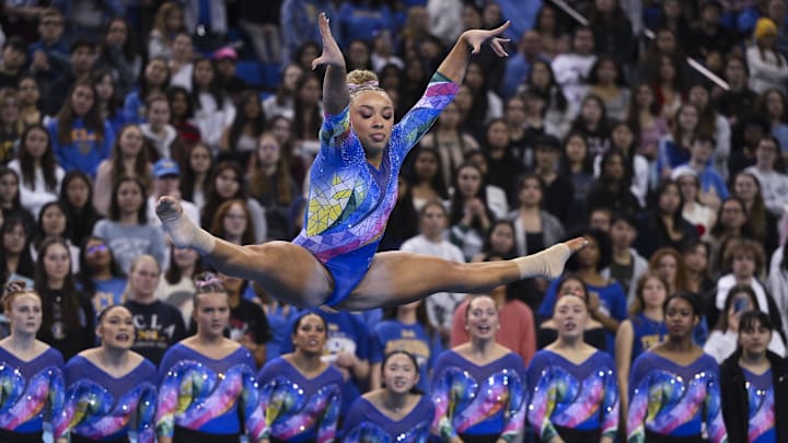 Feb 14, 2025; Los Angeles, CA, USA; UCLA gymnast Macy McGowan performs during the floor exercise competition during a NCAA gymnastics meet against Penn State at Pauley Pavilion presented by Wesco. Mandatory Credit: Robert Hanashiro-Imagn Images