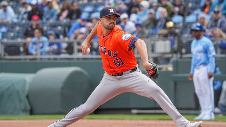 Apr 11, 2024; Kansas City, Missouri, USA; Houston Astros pitcher Seth Martinez (61) delivers a pitch against the Kansas City Royals in the first inning at Kauffman Stadium. Mandatory Credit: Denny Medley-Imagn Images Apr 11, 2024; Kansas City, Missouri, USA; Houston Astros pitcher Seth Martinez (61) delivers a pitch against the Kansas City Royals in the first inning at Kauffman Stadium. Mandatory Credit: Denny Medley-Imagn Images