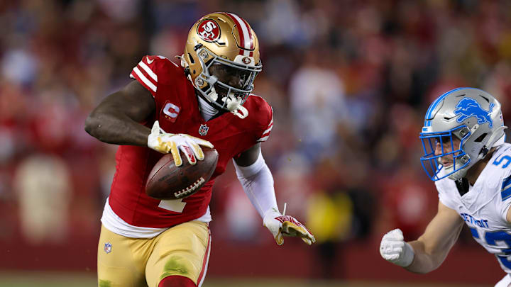 Dec 30, 2024; Santa Clara, California, USA; San Francisco 49ers wide receiver Deebo Samuel Sr. (1) during the game against the Detroit Lions at Levi's Stadium.