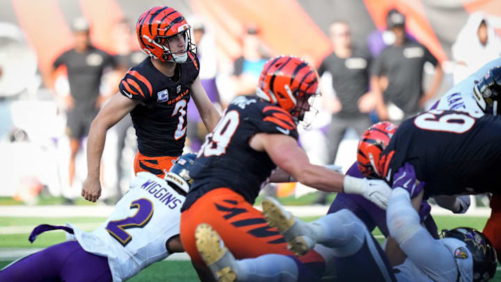Cincinnati Bengals kicker Evan McPherson (2) misses a field goal in overtime of the NFL Week 5 game between the Cincinnati Bengals and Baltimore Ravens at Paycor Stadium in downtown Cincinnati on Sunday, Oct. 6, 2024. The Bengals fell to 1-4 on the season with a 41-38 loss to the Ravens. Cincinnati Bengals kicker Evan McPherson (2) misses a field goal in overtime of the NFL Week 5 game between the Cincinnati Bengals and Baltimore Ravens at Paycor Stadium in downtown Cincinnati on Sunday, Oct. 6, 2024. The Bengals fell to 1-4 on the season with a 41-38 loss to the Ravens.