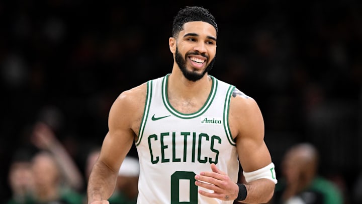 Mar 8, 2025; Boston, Massachusetts, USA; Boston Celtics forward Jayson Tatum (0) reacts during the second quarter of a game against the Los Angeles Lakers at the TD Garden. Mandatory Credit: Brian Fluharty-Imagn Images
