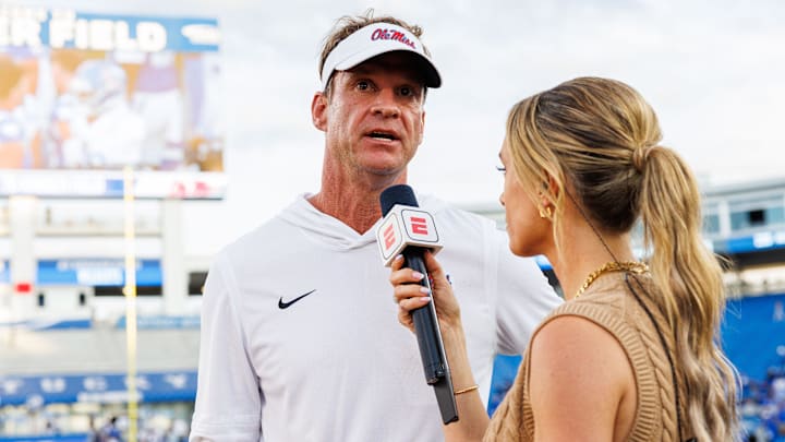 Sep 6, 2025; Lexington, Kentucky, USA; Mississippi Rebels head coach Lane Kiffin is interviewed after the game against the Kentucky Wildcats at Kroger Field. Mandatory Credit: Jordan Prather-Imagn Images Sep 6, 2025; Lexington, Kentucky, USA; Mississippi Rebels head coach Lane Kiffin is interviewed after the game against the Kentucky Wildcats at Kroger Field. Mandatory Credit: Jordan Prather-Imagn Images