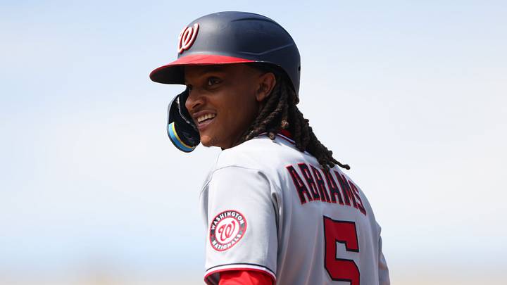 Jul 19, 2026; West Sacramento, California, USA; Washington Nationals shortstop CJ Abrams (5) looks on while leading off first base during the ninth inning against the Athletics at Sutter Health Park. Mandatory Credit: Scott Marshall-Imagn Images
