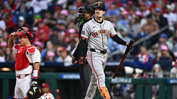 May 5, 2024; Philadelphia, Pennsylvania, USA; San Francisco Giants outfielder Mike Yastrzemski (5) reacts after striking out against the Philadelphia Phillies in the second inning at Citizens Bank Park.