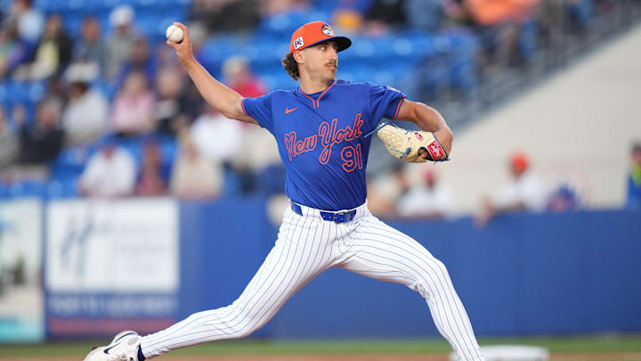 Mar 6, 2025; Port St. Lucie, Florida, USA;  New York Mets pitcher Brandon Sproat (91) pitches against the Houston Astros at Clover Park. Mandatory Credit: Jim Rassol-Imagn Images