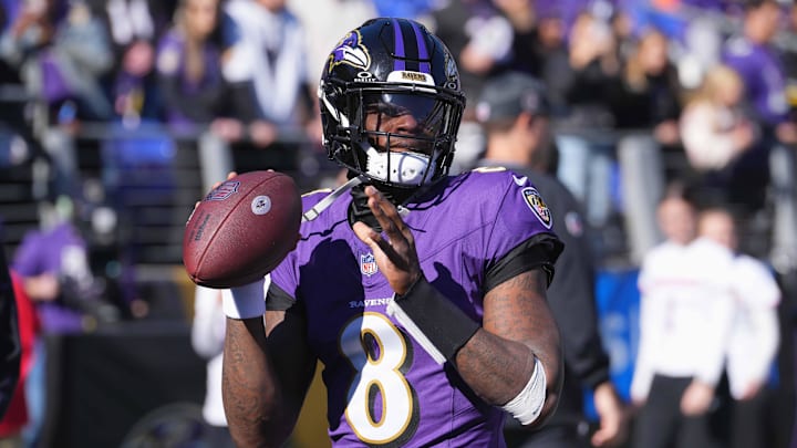 Nov 3, 2024; Baltimore, Maryland, USA; Baltimore Ravens quarterback Lamar Jackson (8) prior to the game against the Denver Broncos at M&T Bank Stadium. Mandatory Credit: Mitch Stringer-Imagn Images