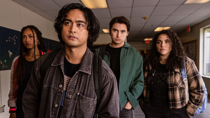 L-R: Rainbow Wedell as Claire Zomer, Kristian Ventura as Simon Elroy, Spencer Macpherson as Xavier Baxter, and Kiara Pichardo as Nicole Herrera in School Spirits, episode 4, season 2