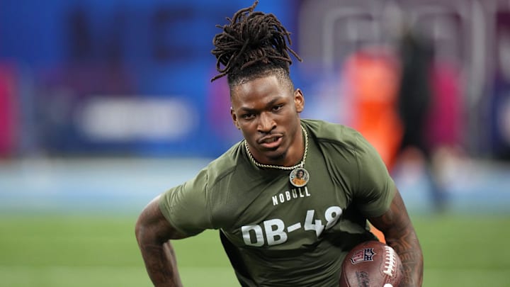Mar 1, 2024; Indianapolis, IN, USA; Southern California defensive back Calen Bullock (DB48) works out during the 2024 NFL Combine at Lucas Oil Stadium. 