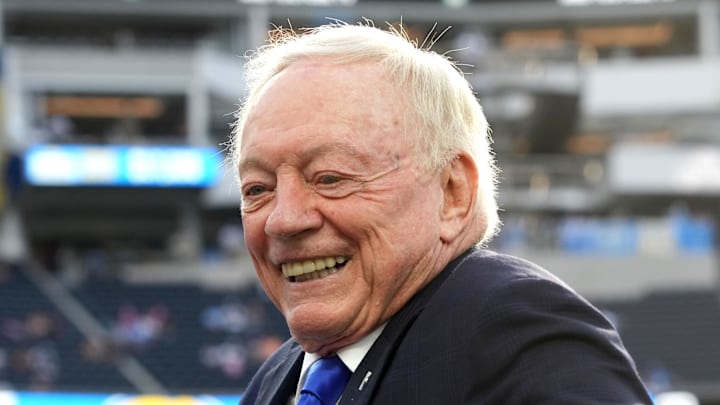 Oct 16, 2023; Inglewood, California, USA; Dallas Cowboys owner Jerry Jones reacts during the game against the Los Angeles Chargers at SoFi Stadium. Mandatory Credit: Kirby Lee-Imagn Images
