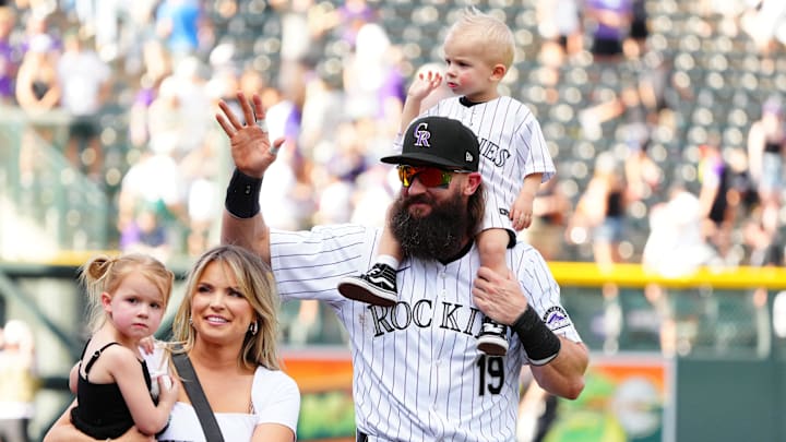 Sep 29, 2024; Denver, Colorado, USA; Colorado Rockies outfielder Charlie Blackmon (19) and wife Ashley and daughter Josie and son Wyatt wave to fans following the loss to the Los Angeles Dodgers at Coors Field. Sep 29, 2024; Denver, Colorado, USA; Colorado Rockies outfielder Charlie Blackmon (19) and wife Ashley and daughter Josie and son Wyatt wave to fans following the loss to the Los Angeles Dodgers at Coors Field.