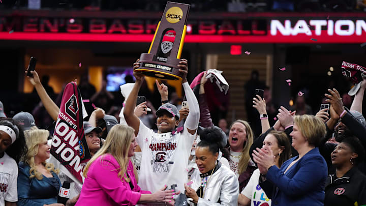 South Carolina basketball forward Sania Feagin with the national championship trophy