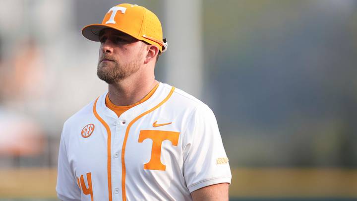 Tennessee coach Josh Elander walks to the dugout before a baseball game between Tennessee and Missouri in Lindsey Nelson Stadium in Knoxville, Tennessee, March 20, 2026.