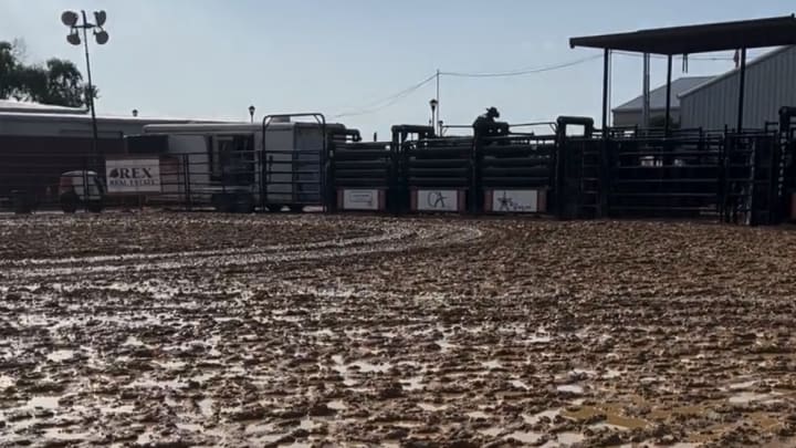 The muddy arena at Rodeo Celina in Parker, Texas held a PRCA Rodeo May 31 through June 2, 2024. The muddy arena at Rodeo Celina in Parker, Texas held a PRCA Rodeo May 31 through June 2, 2024.
