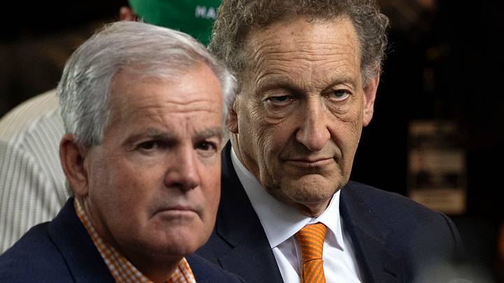 San Francisco, CA, USA;  San Francisco Giants owner Greg Johnson (left) and chief executive officer Larry Baer (right) watch as Tony Vitello (not pictured) is introduced as the new manager at Oracle Park. Mandatory Credit: D. Ross Cameron-Imagn Images